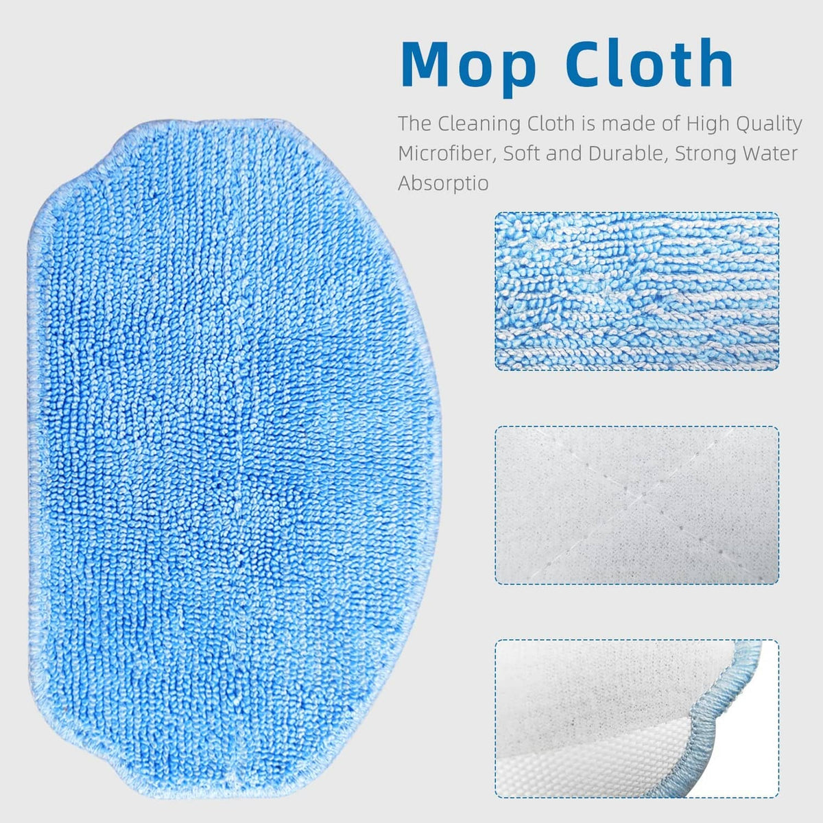 Blue microfiber mop cloth pad, curved oval shape for robot mops
