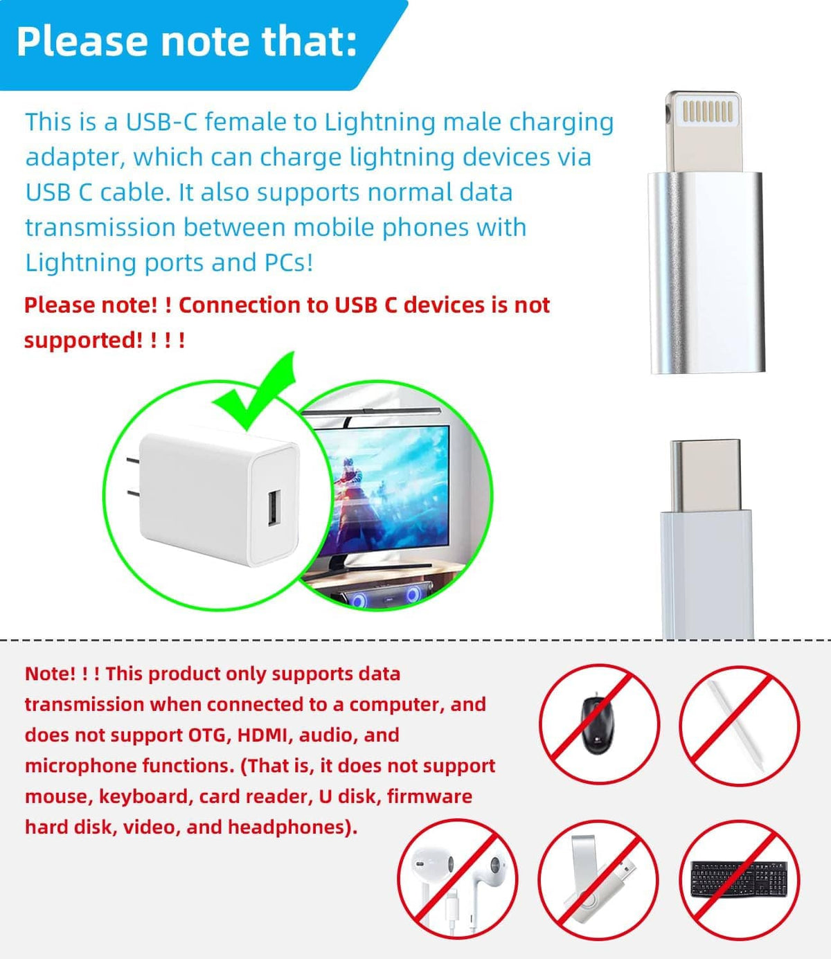 USB-C female to Lightning male charging adapter, silver metal connectors