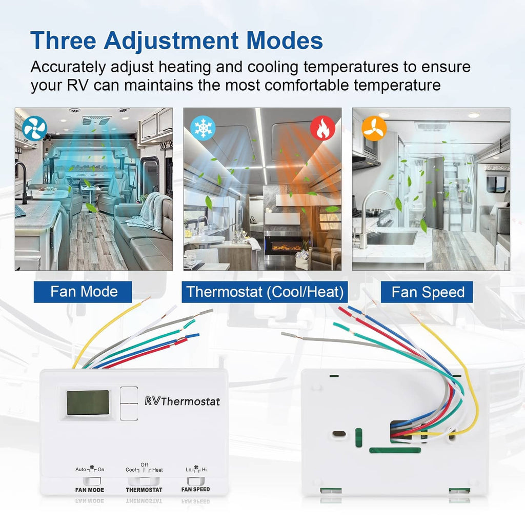 White RV digital thermostat with LCD screen and three modes: fan mode, thermostat, fan speed