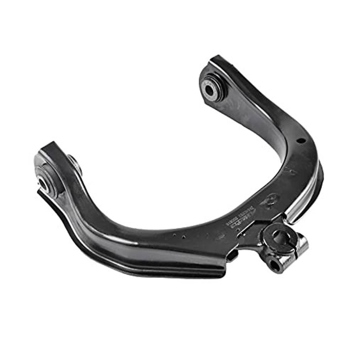 Front control arm with two ball joints and black mounting bushing, silver metal