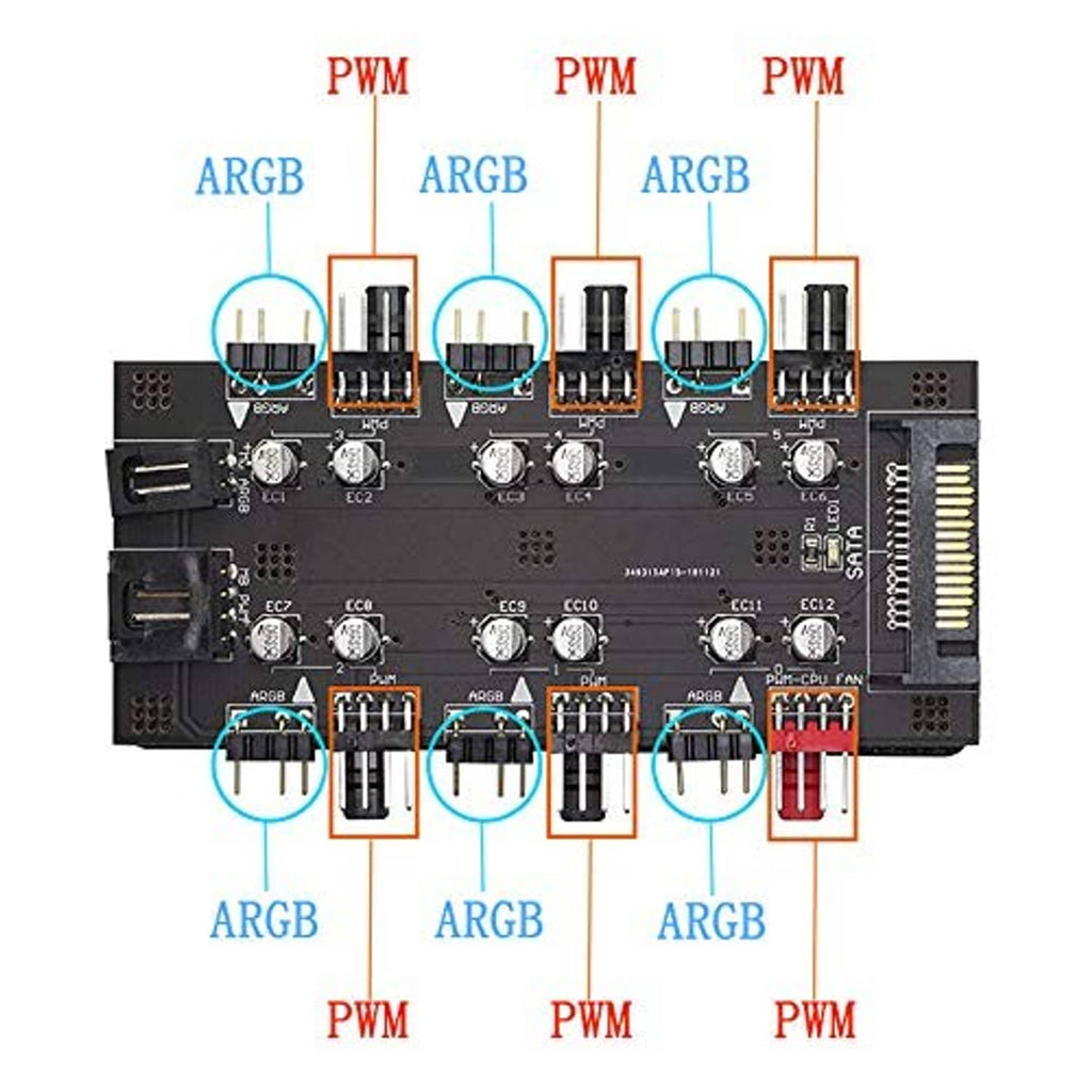 Fan hub controller PCB wiring layout showing ARGB and PWM header connections