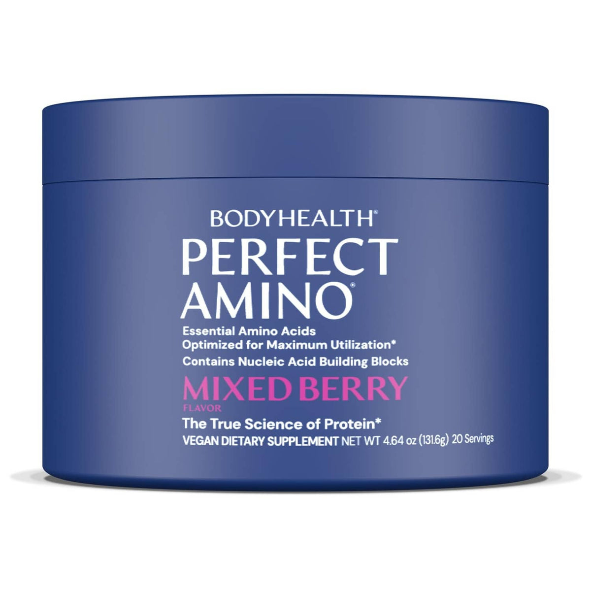 BODYHEALTH Perfect Amino mixed berry powder tub, blue container with front label