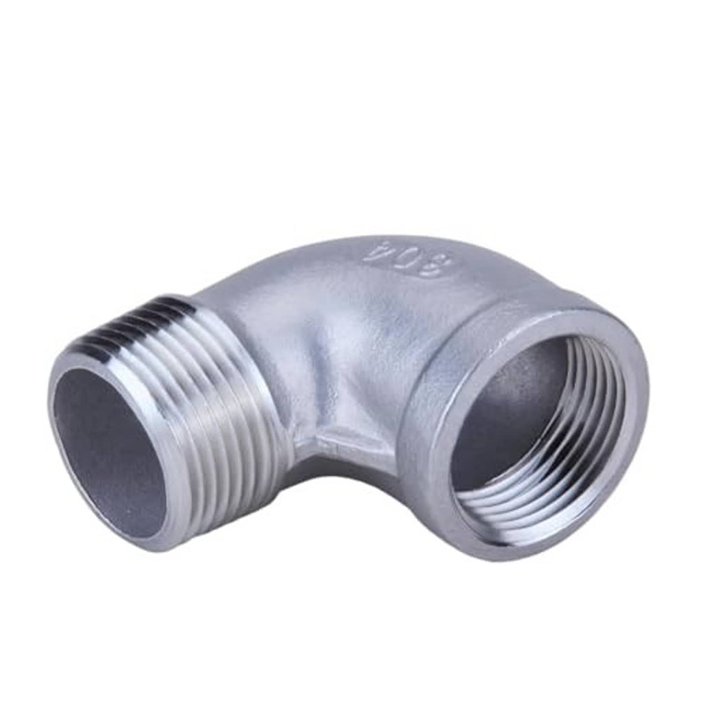 90° stainless steel elbow fitting with male and female NPT openings, 1 inch size.