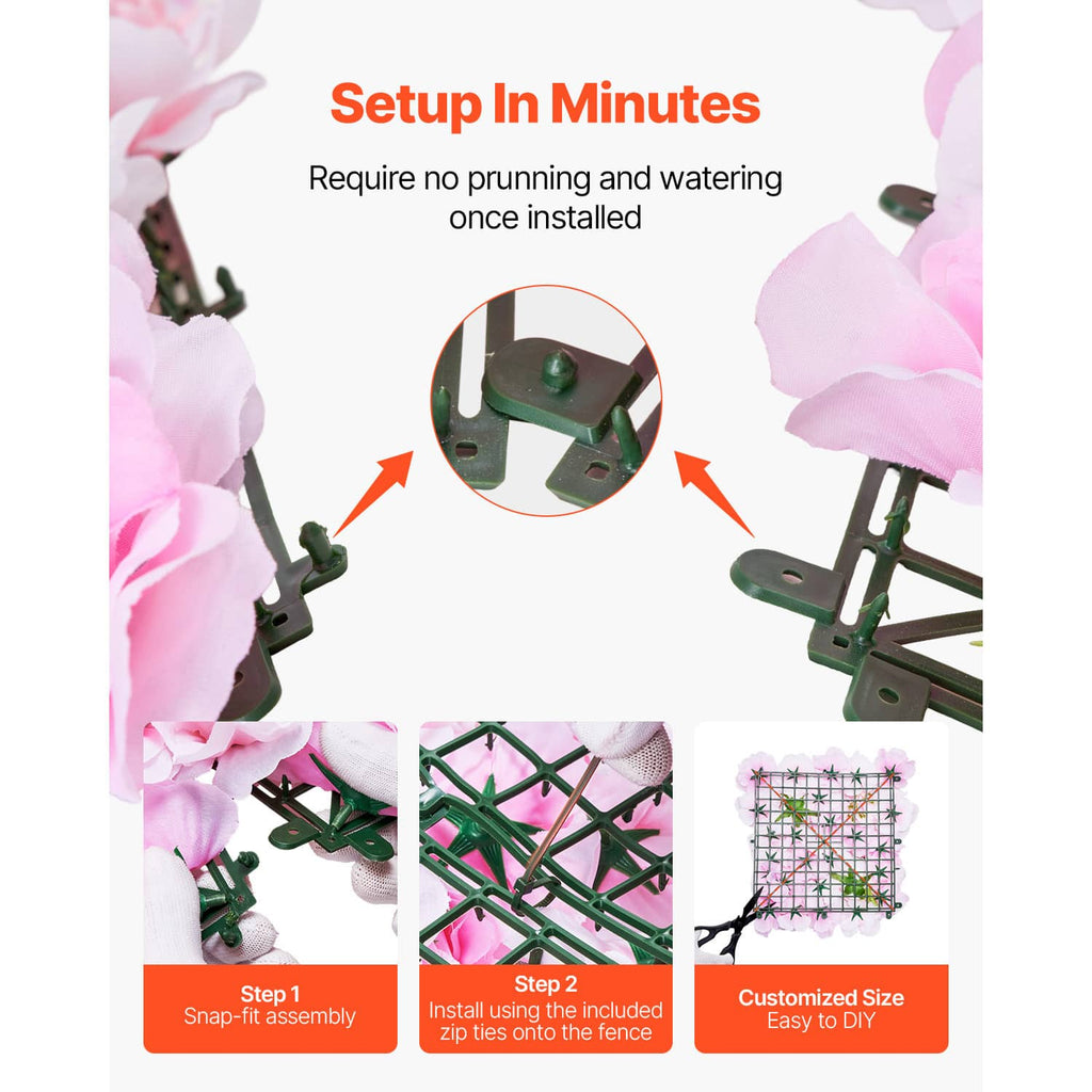 Artificial pink flower wall panel with green frame and zip ties for quick setup