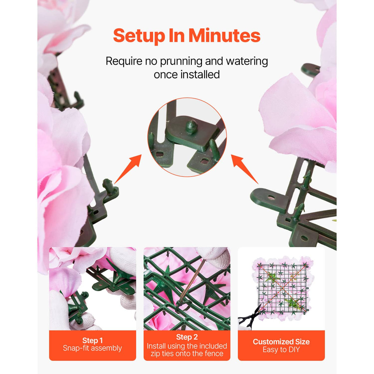 Artificial pink flower wall panel with green frame and zip ties for quick setup