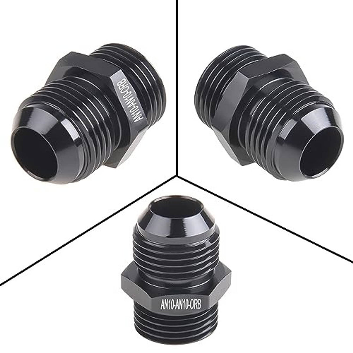 Pair of black AN10-AN10 ORB male O-ring boss adapters shown from side and front