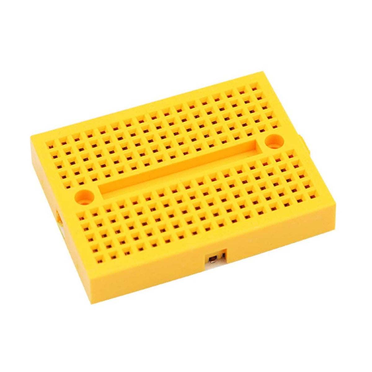 Yellow mini solderless breadboard, 170 points, with two mounting holes and pin grid.