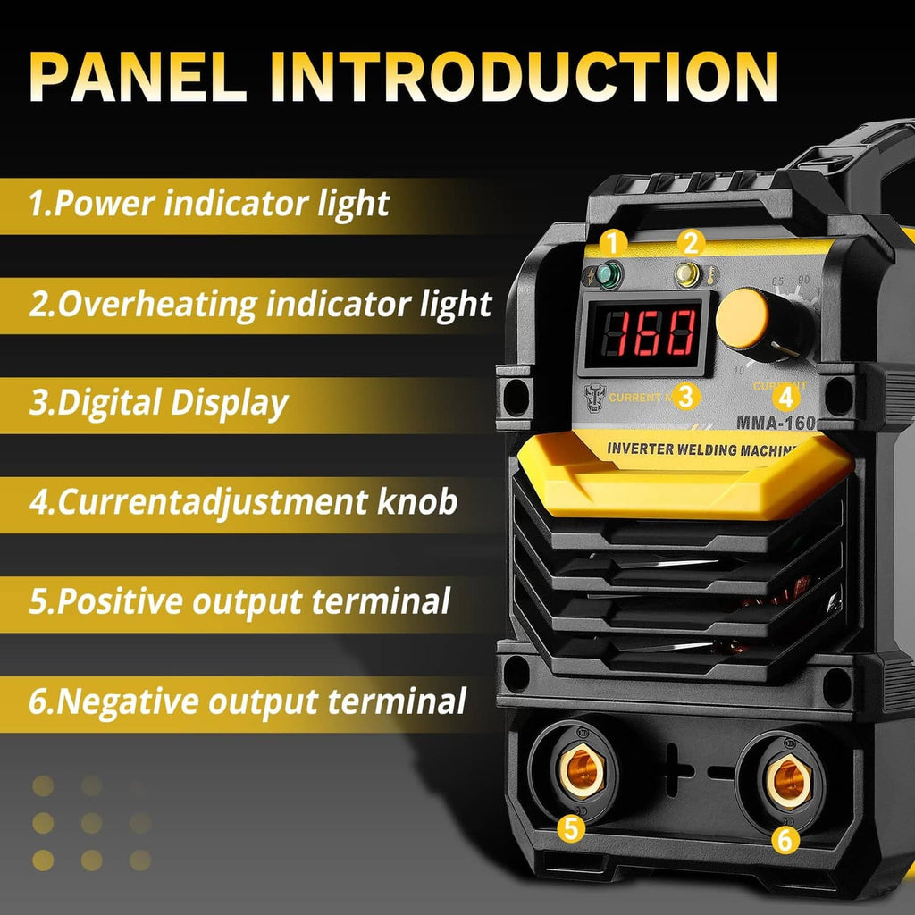 Gray MMA inverter welder control panel with digital display, knob, and output terminals