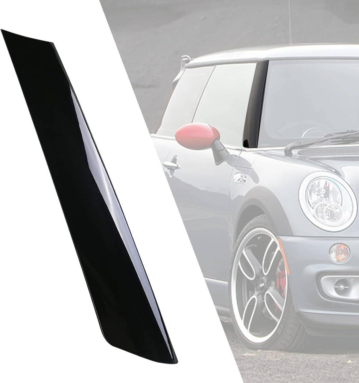 Black A-pillar trim cover panel installed on windshield pillar near the side mirror