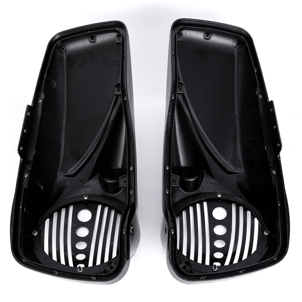 Black speaker lids rear panels open, showing mounting points and grille inserts