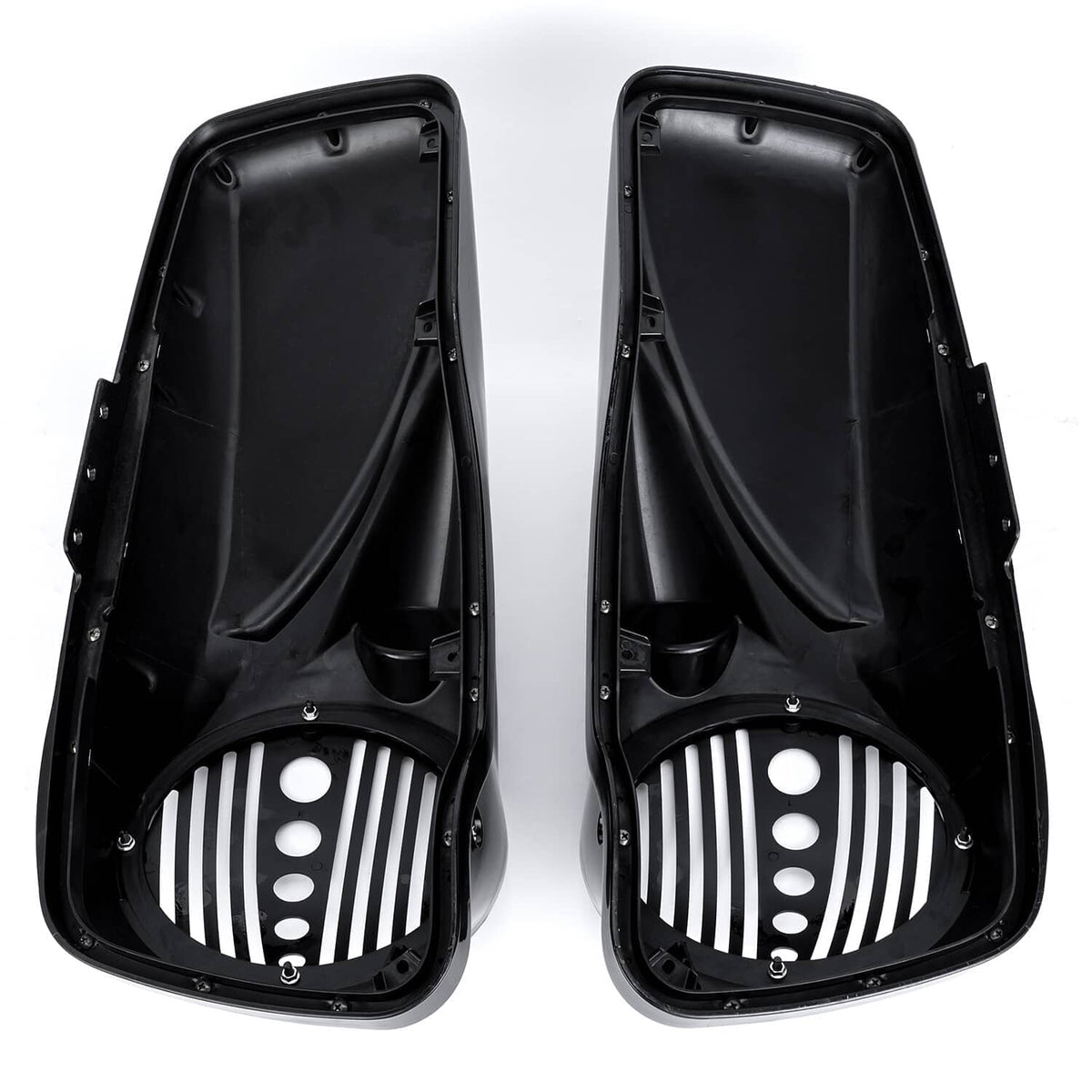 Black speaker lids rear panels open, showing mounting points and grille inserts