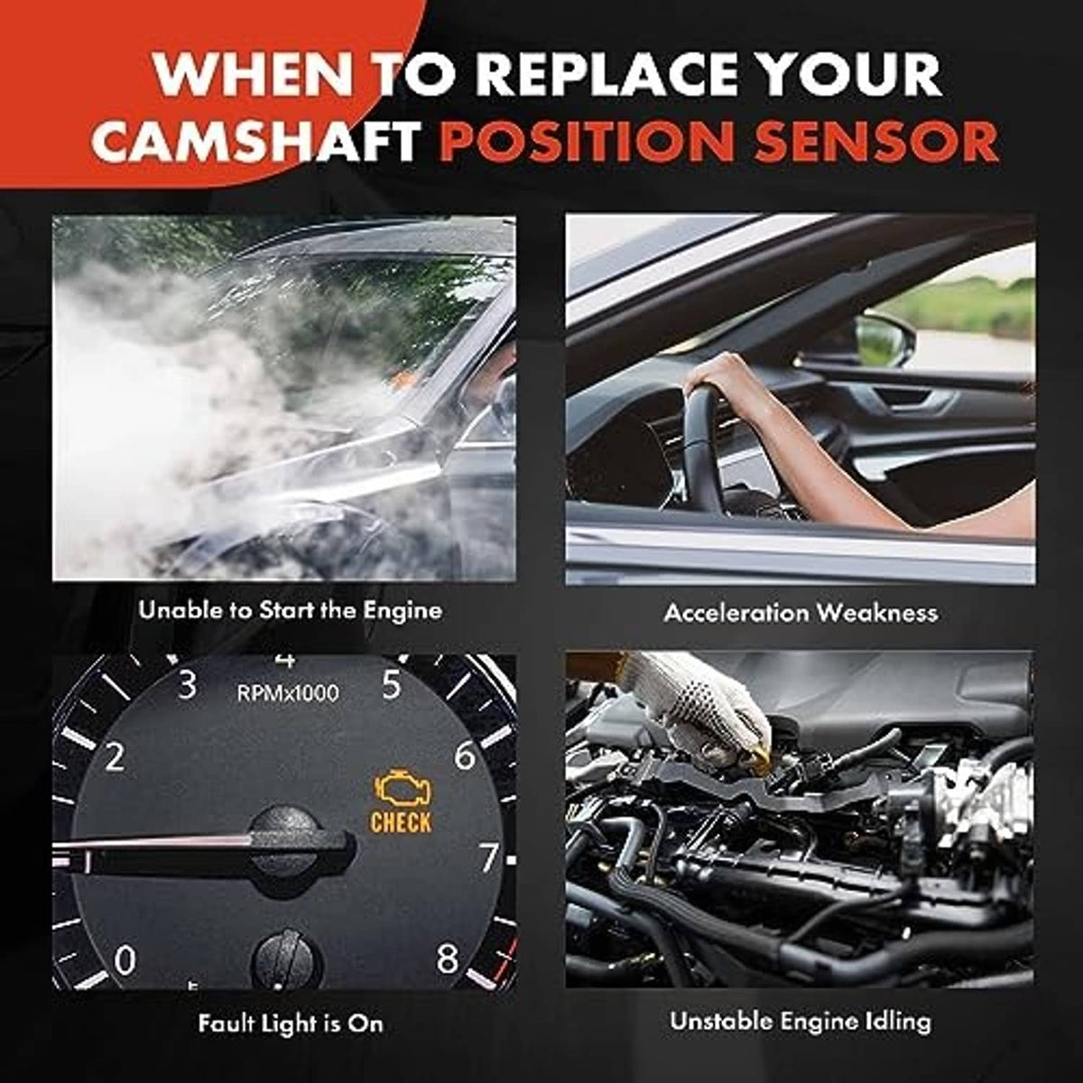 Camshaft position sensor replacement infographic with dashboard and engine images