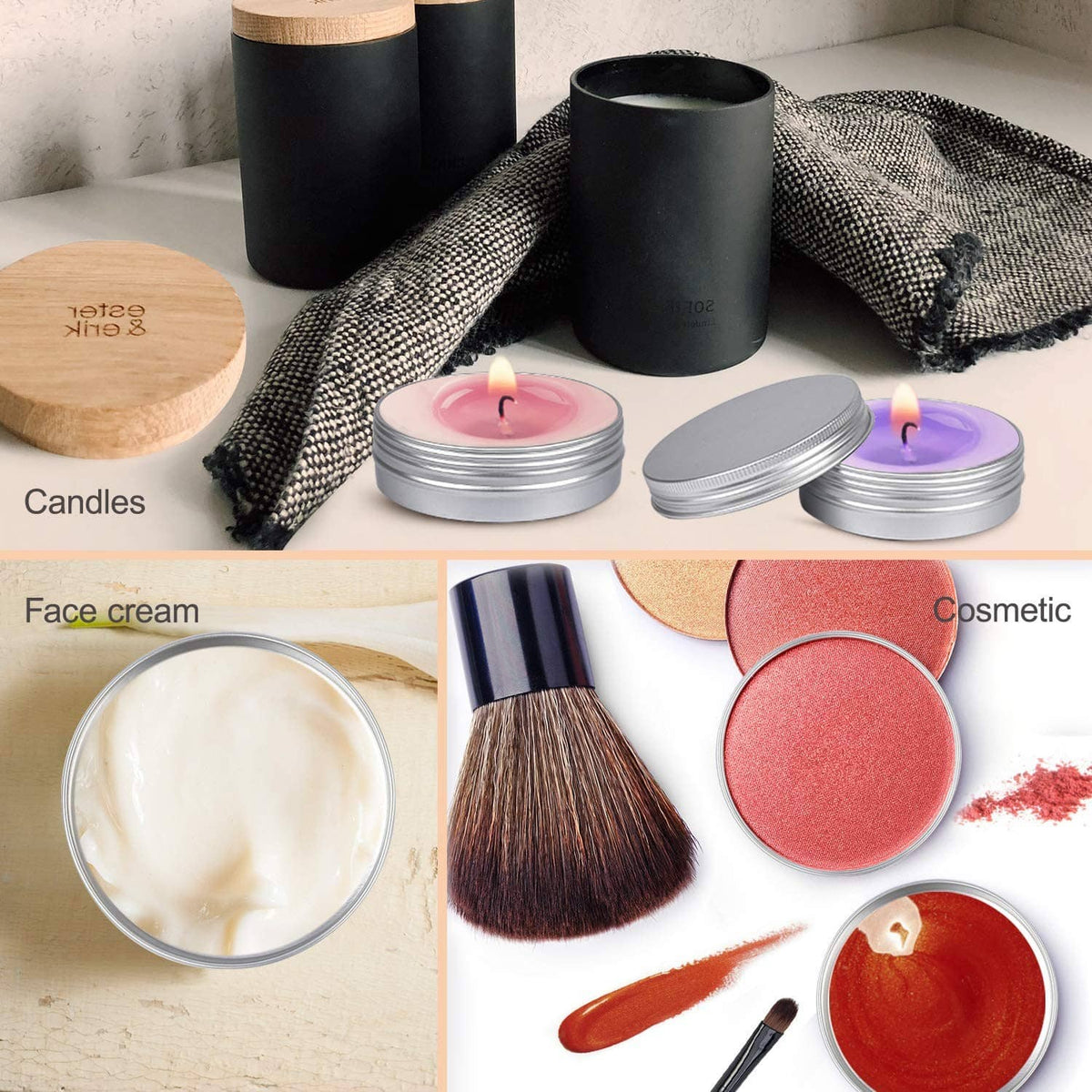 Silver round aluminum tin cans with screw lids for candles and cosmetic storage