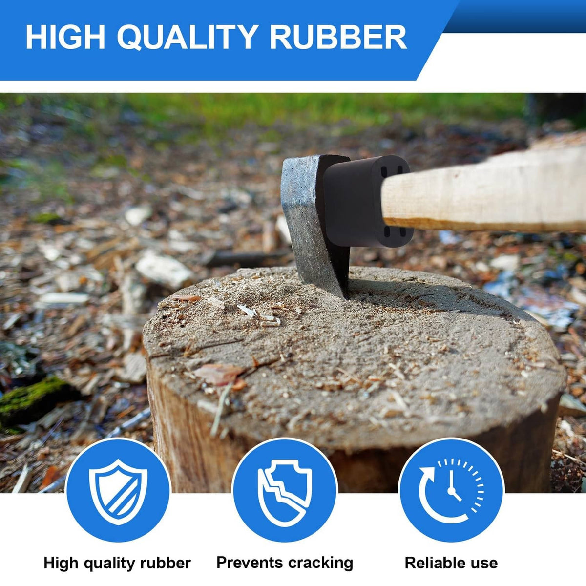 Black rubber handle protector sleeve on a wooden axe handle