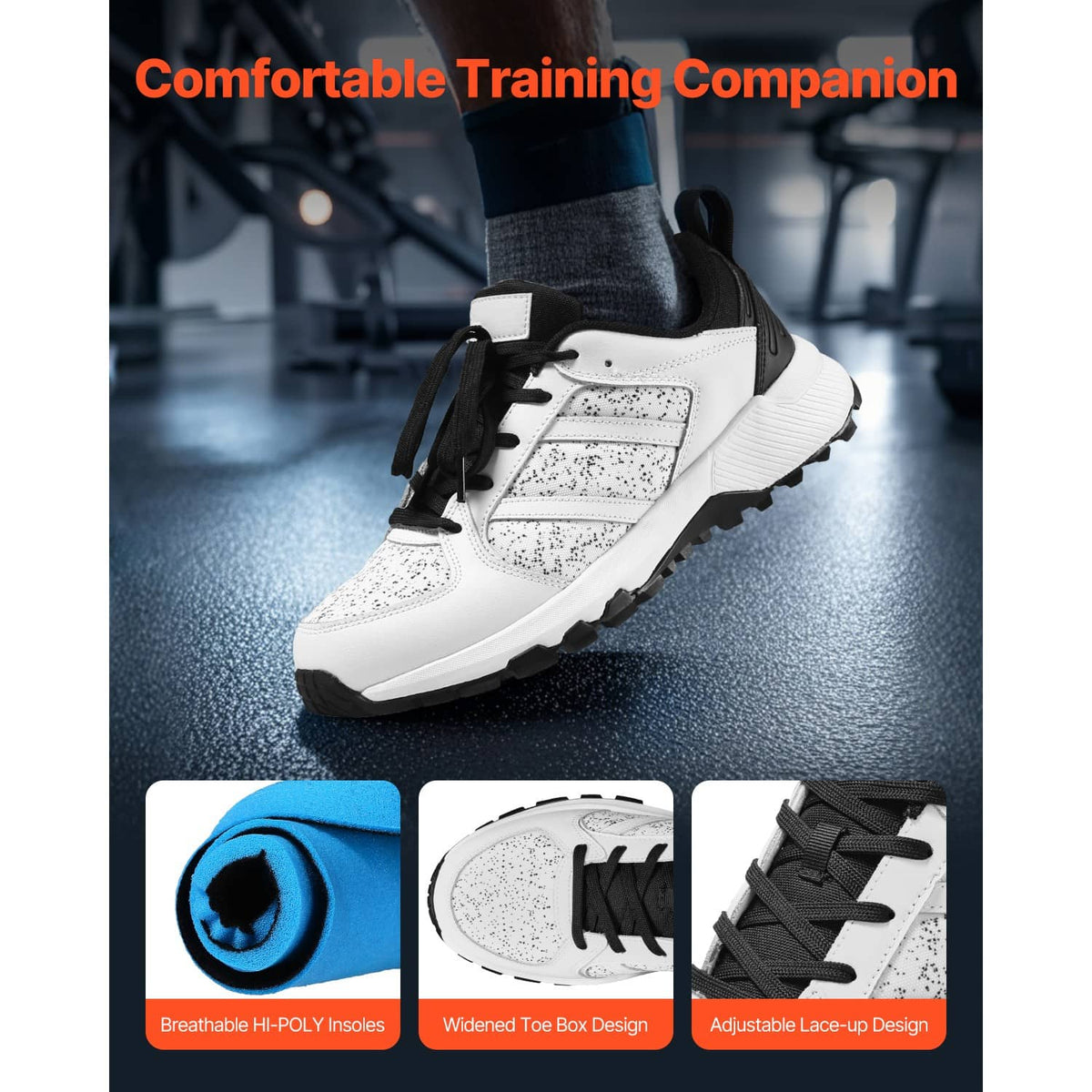 White lace-up training sneaker with black details, speckled panels, and chunky rubber outsole