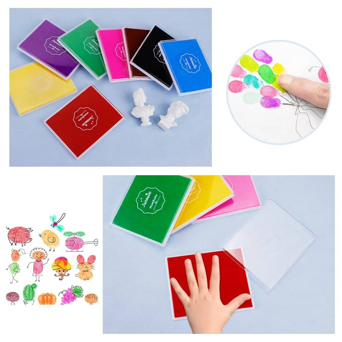 Assorted colorful square fingerprint ink pads with inked stamp designs