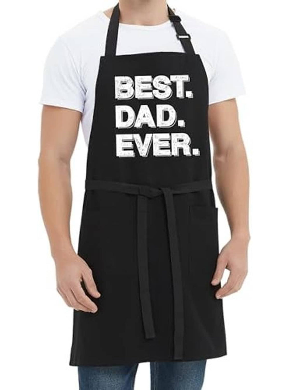 Men’s black “Best Dad Ever” apron with tie belt and two front pockets