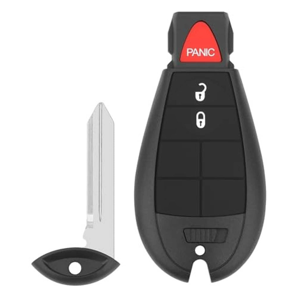Black key fob with red PANIC button and lock/unlock buttons; metal key blade and ring loop