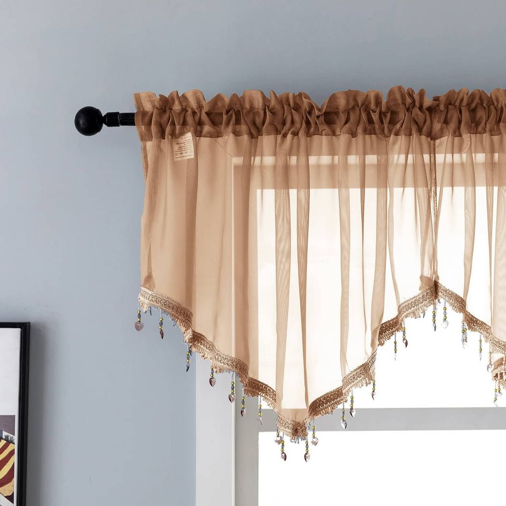 Brown beaded sheer valance curtain with bead fringe and rod pocket top