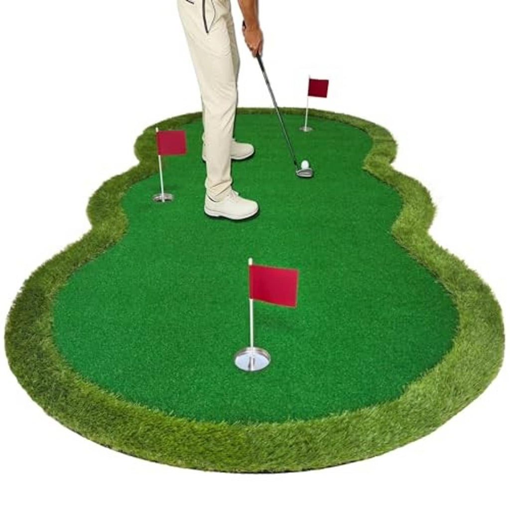 Golf putting green mat with three practice holes and red flags
