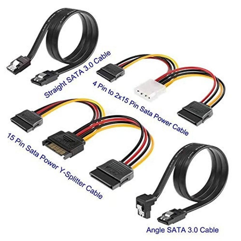 SATA 3.0 straight and angle cables with 4-pin to 2x15-pin power splitter leads