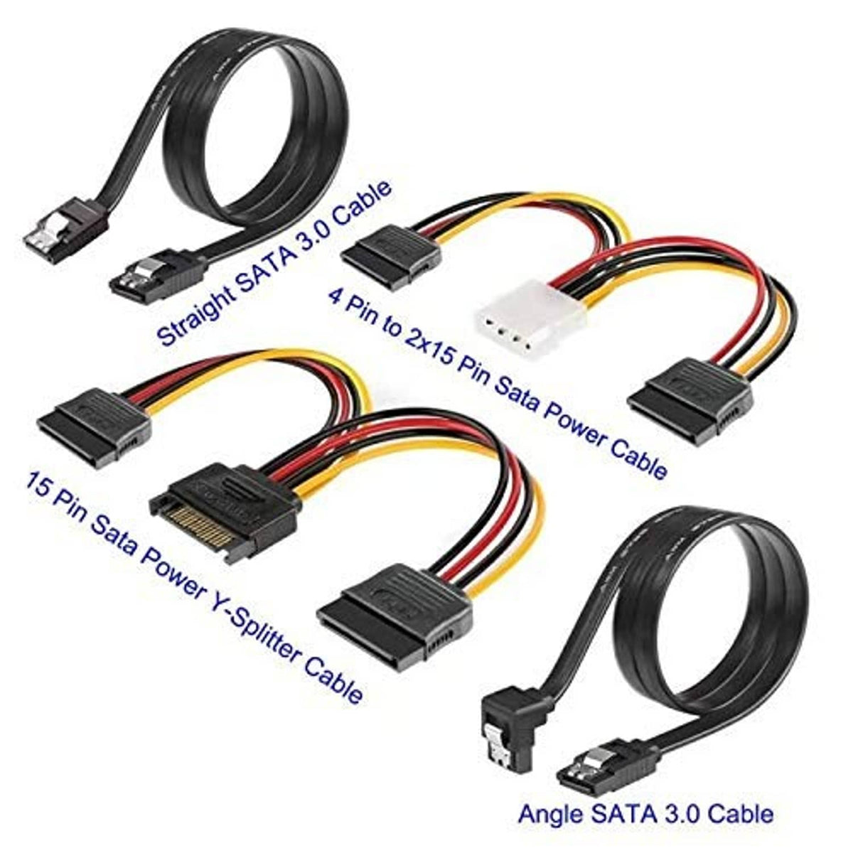 SATA 3.0 straight and angle cables with 4-pin to 2x15-pin power splitter leads
