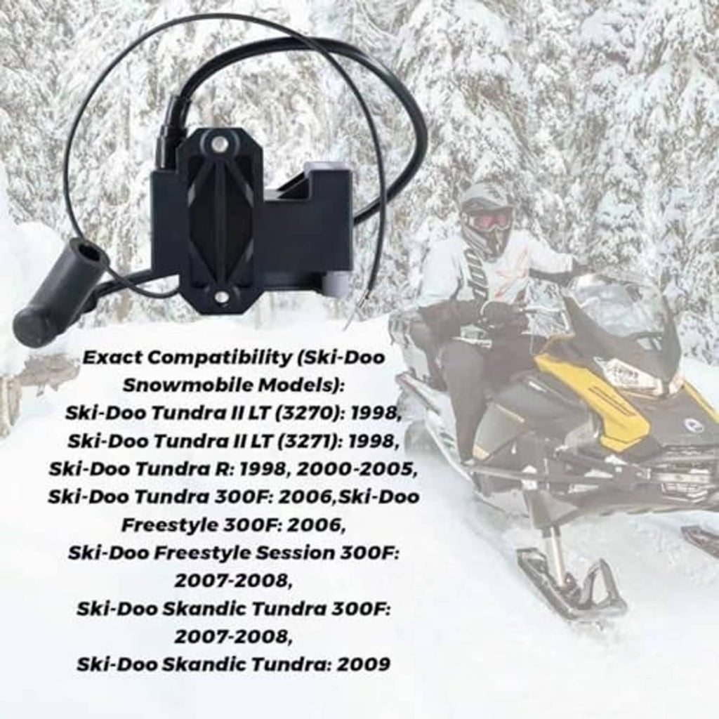 Ignition coil module with label-style compatibility list on snowy background
