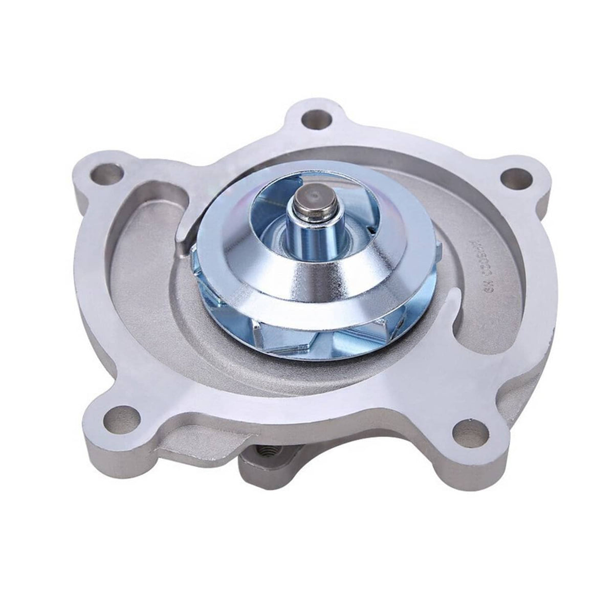 Water pump with blue-toned impeller and circular inlet, silver cast metal housing