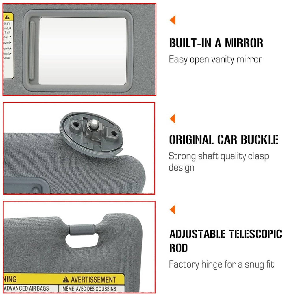 Gray sun visor set components: vanity mirror frame, clasp, and adjustable rod