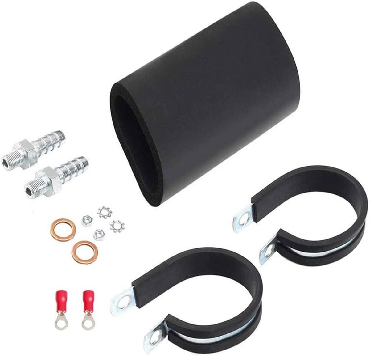 Black inline fuel pump with rubber mounting clamps, hose fitting adapters, and copper washers