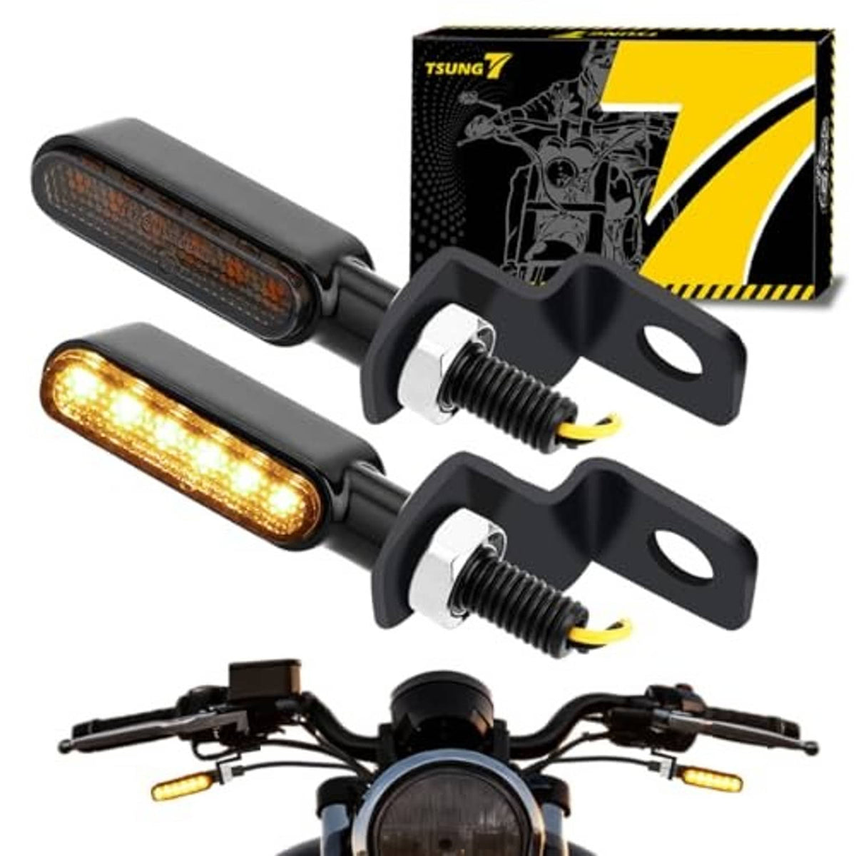 Two amber LED turn signal bars on black mounting brackets