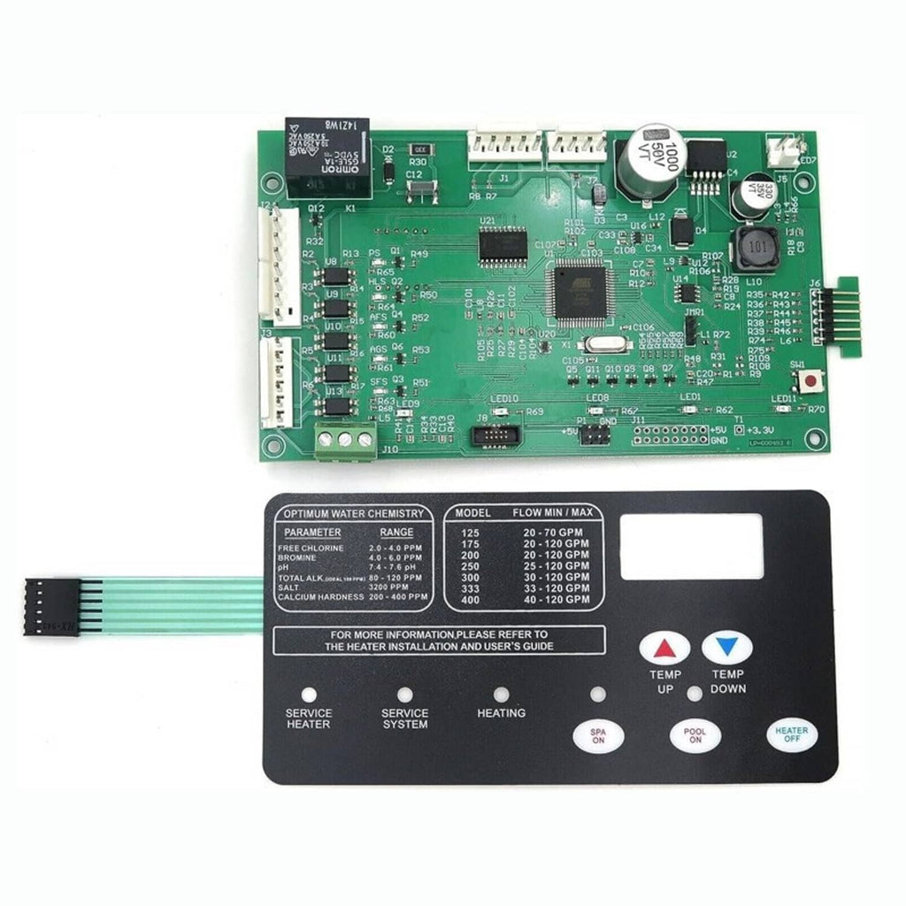 Green electronic pool heater control board with keypad display and ribbon cable