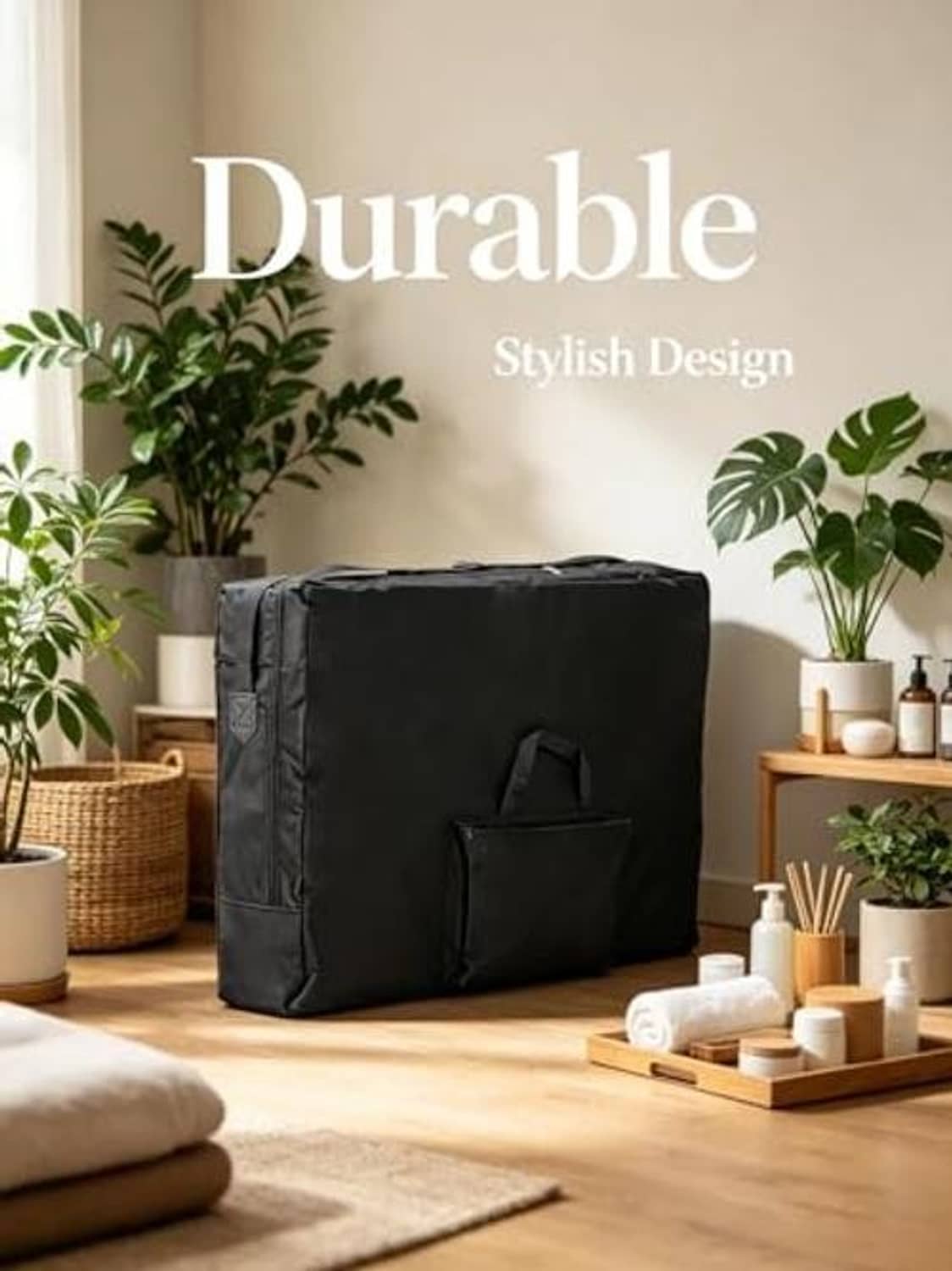 Black massage table storage bag with front pocket and carry handle on floor