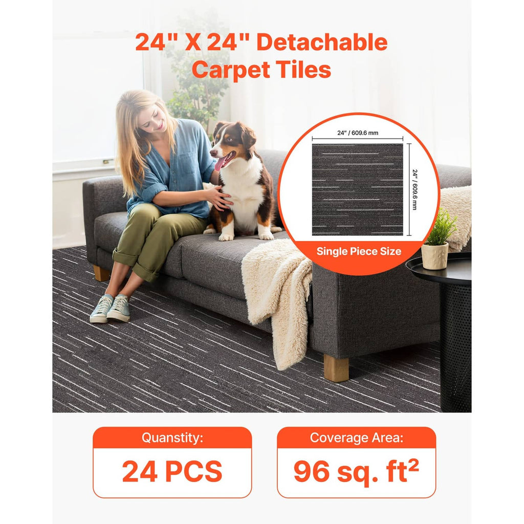 Gray striped carpet tiles laid on the floor, modular square rug