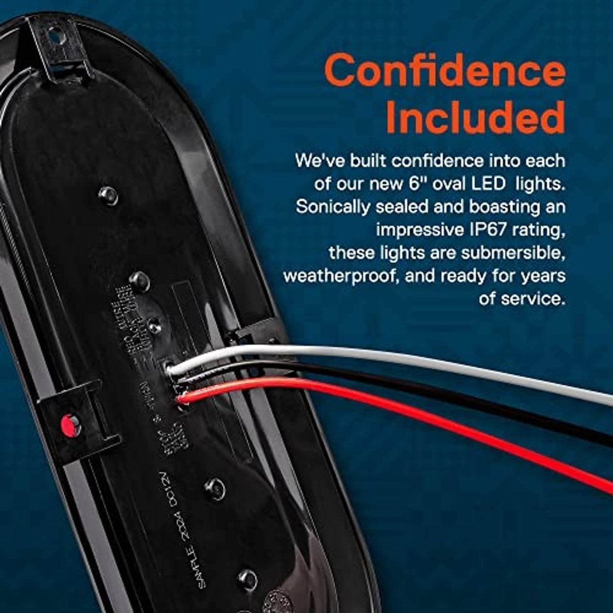 Black oval LED tail light with red lens and attached wiring harness