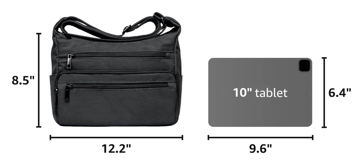 Black crossbody purse with multiple zip compartments, sized to fit a 10in tablet
