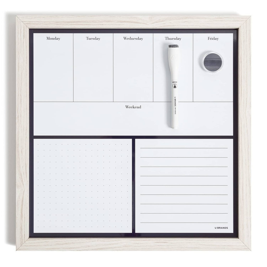 White wooden weekly dry erase board with weekday grid, lines, and included marker