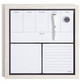 White wooden weekly dry erase board with weekday grid, lines, and included marker