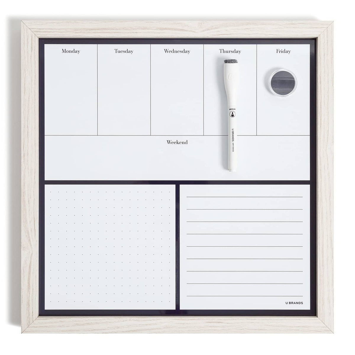 White wooden weekly dry erase board with weekday grid, lines, and included marker