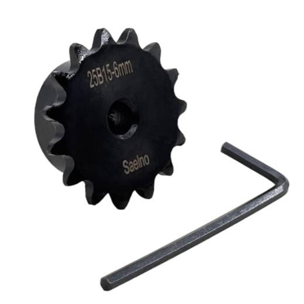 Black 15-tooth roller chain sprocket, 6mm bore, hardened steel, 25B15-6mm marking