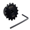Black 15-tooth roller chain sprocket, 6mm bore, hardened steel, 25B15-6mm marking