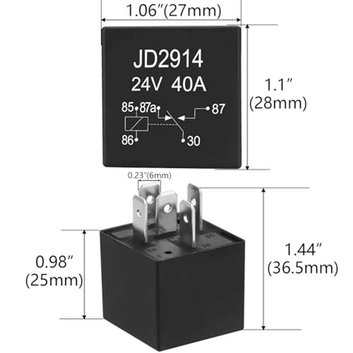 Automotive relay with dimensions on label and metal terminals mounted to black body