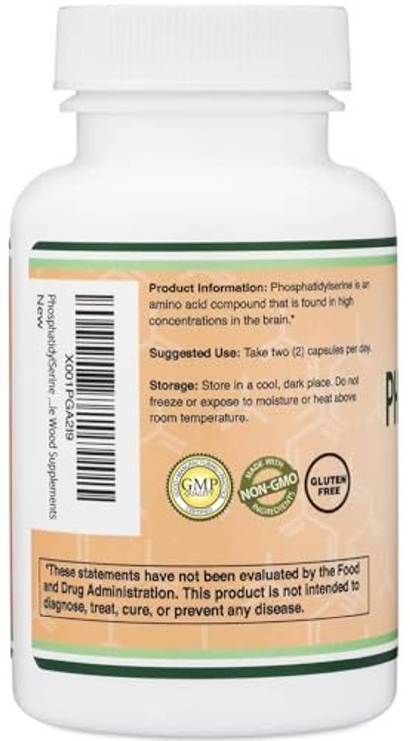 Phosphatidylserine bottle label back with barcode and product information text