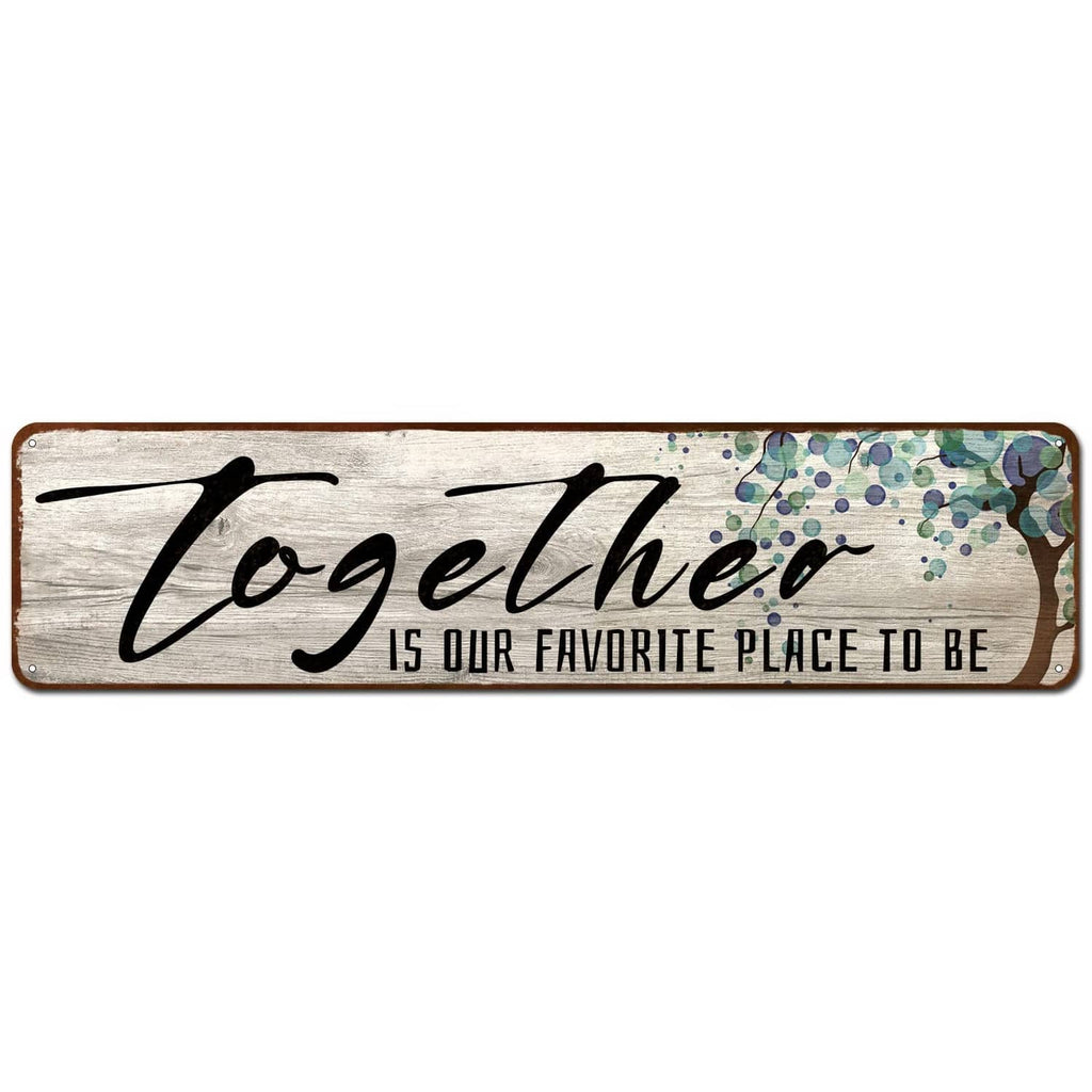 Rectangular wooden wall art sign with script “Together” and blue-green dotted accents.
