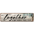 Rectangular wooden wall art sign with script “Together” and blue-green dotted accents.