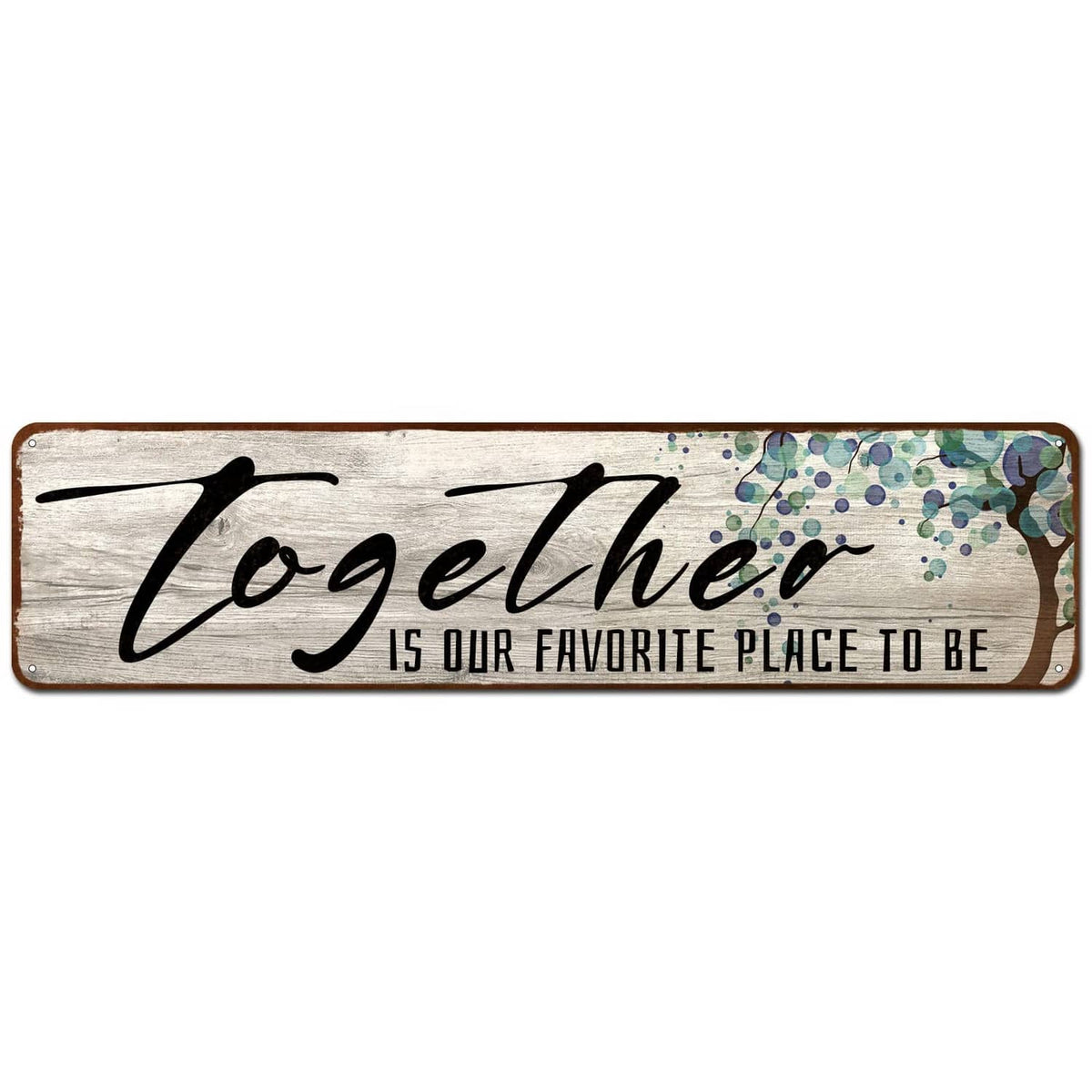 Rectangular wooden wall art sign with script “Together” and blue-green dotted accents.