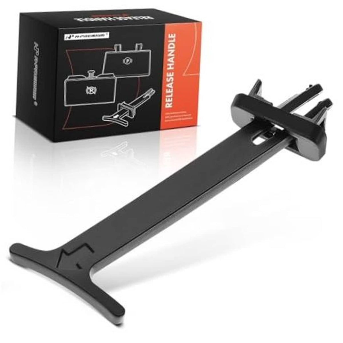 Black hood safety latch release pull rod handle with mounting bracket, shown with retail box
