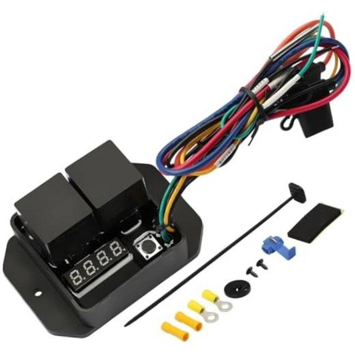 Digital radiator fan controller module with LED display and multi-wire harness