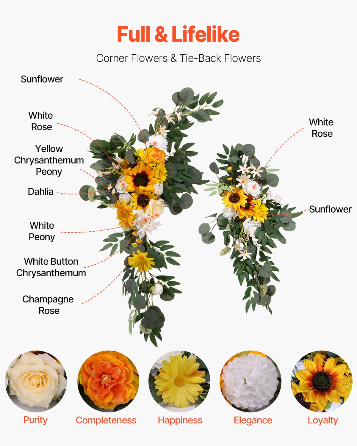 Artificial corner floral set with green foliage and yellow-orange sunflower-style blooms