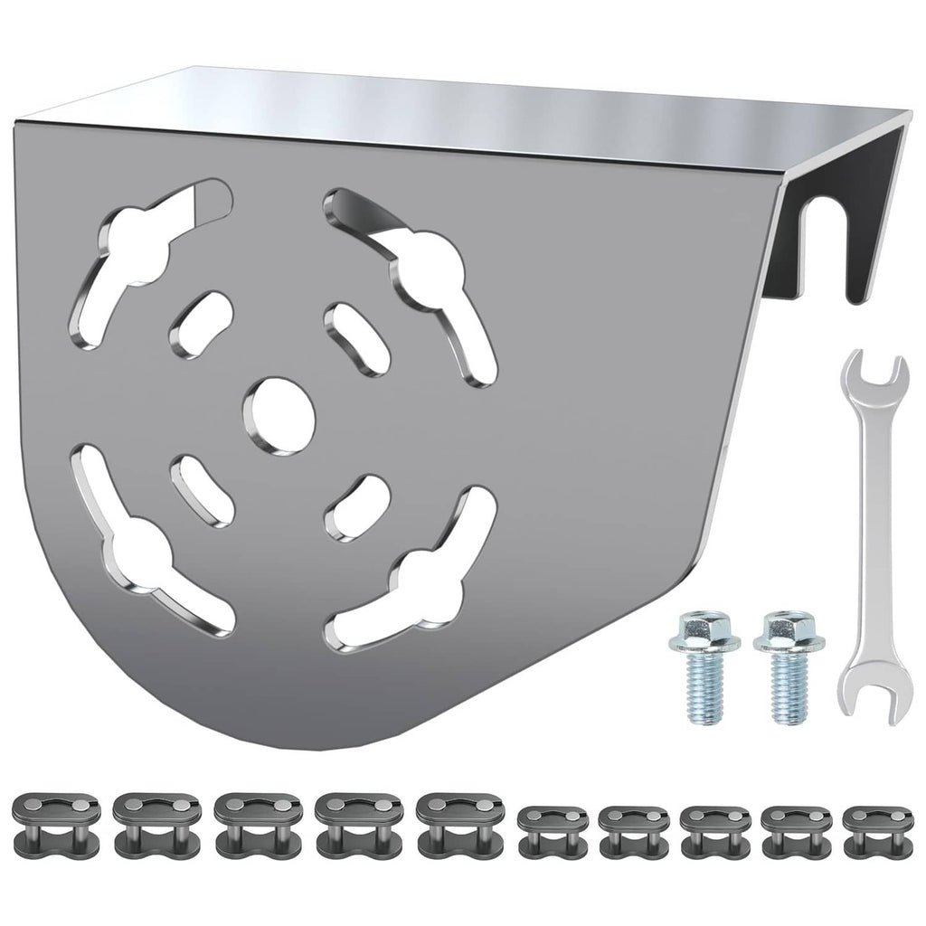Silver mini bike clutch chain guard cover with curved shield and mounting hardware, bolts included